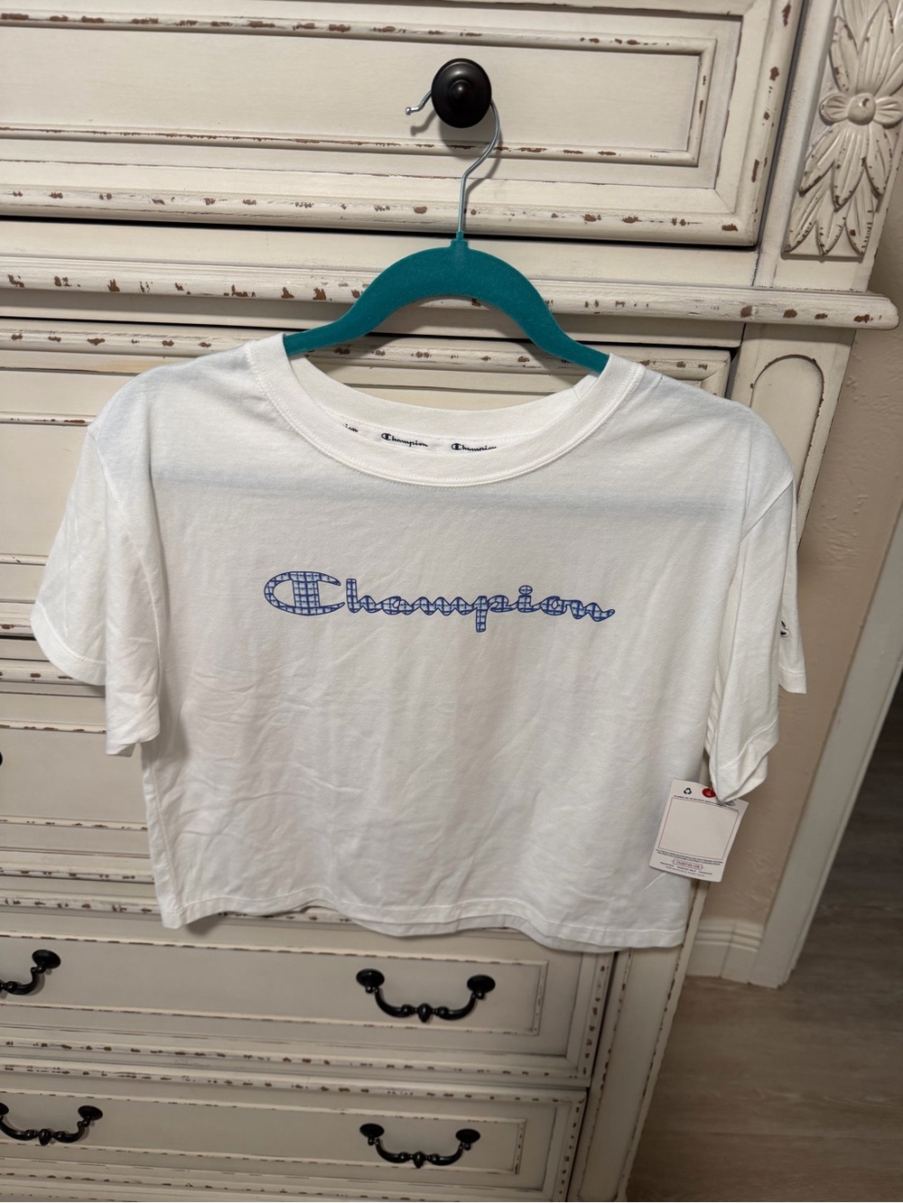 Champion White Tee with Blue Script Logo